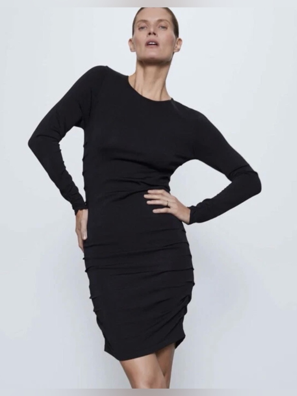 NEW Zara Ruched Open Back Long Sleeve Bodycon‎ Mini Dress Small Black Cocktail